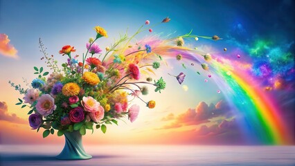 Vibrant floral arrangement bursting with color, cascading into a breathtaking rainbow spectacle at sunset