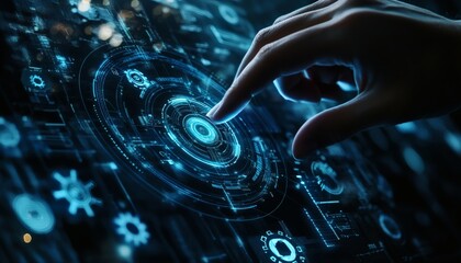 A finger interacts with a futuristic digital interface showing glowing blue circles and gears