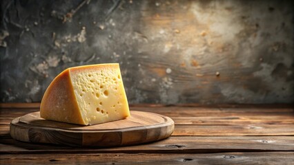 A wedge of artisanal cheese rests on a rustic wooden board, showcasing its creamy texture and natural holes against a textured backdrop