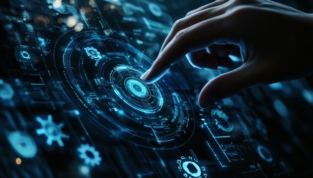 A finger interacts with a futuristic digital interface showing glowing blue circles and gears - Powered by Adobe