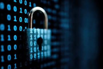 Digital security lock surrounded by binary code in blue background