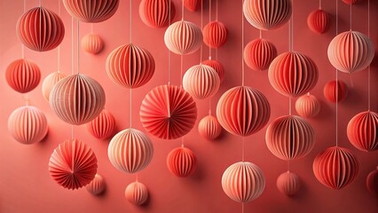 A profusion of coral-toned, pleated paper spheres hang from delicate strings against a vibrant coral backdrop, creating a mesmerizing and festive atmosphere.