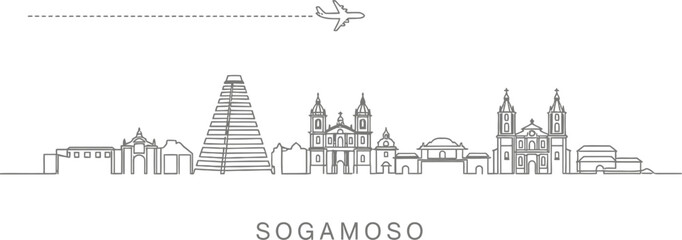 Fototapeta premium Sogamoso Skyline with Airplane and Flight Path Line Art