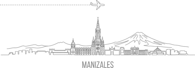 Fototapeta premium Manizales Skyline with Airplane and Mountains Line Art