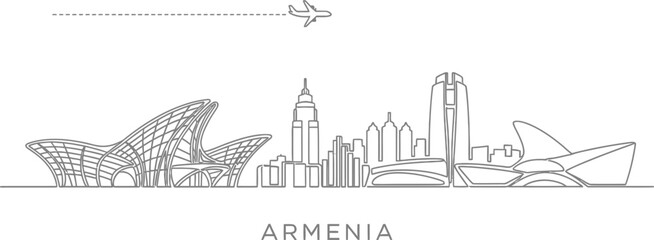 Naklejka premium Armenia Skyline Line Art with Airplane and Landmarks