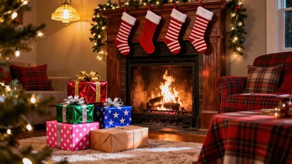 Warm Christmas Living Room with Fireplace and Gifts, Scene Image