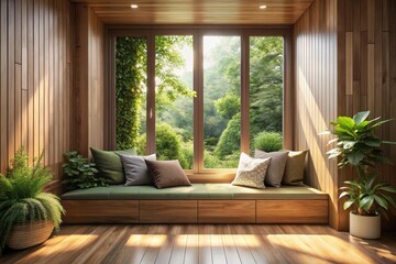 Serene Window Seat in a Sunlit Room with Wooden Walls and Lush Greenery