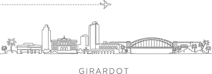 Naklejka premium Girardot City Skyline with Airplane and Bridge Icon