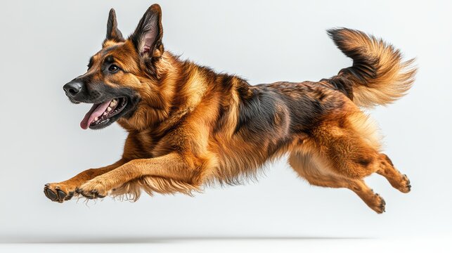 A German Shepherd dog leaps dynamically against a white backdrop.
