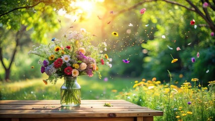 A vibrant summer bouquet of wildflowers in a clear glass vase, rests on a rustic wooden table, surrounded by a magical, sun-drenched meadow with petals gently floating on a soft breeze.