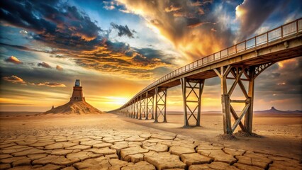 Arid landscape sunset vista featuring a long elevated bridge extending towards a solitary structure on a hill under a vibrant sky