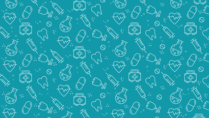 Medical seamless pattern with white medical icons on blue backdrop. Suitable for healthcare websites, medical presentations.