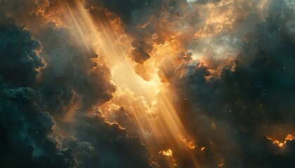 Golden light rays pierce through dark clouds in a dramatic cosmic scene