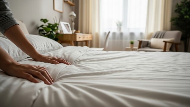 Hands Smoothing Crisp White Bed Sheets in Bright Airy Bedroom Interior.