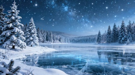 Frozen Lake Under Starry Winter Sky, Landscape Image