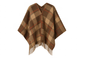 Plaid wool poncho in brown and tan colors with fringe and v-neck