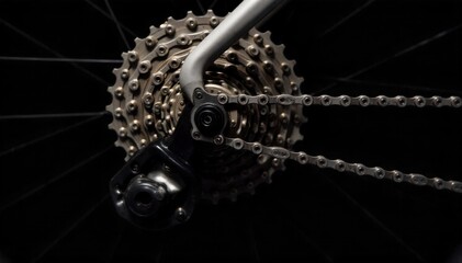 A detailed close up of a well maintained bicycle chain and gears, highlighting mechanical care. Extreme close up, macro photography of a perfectly clean and lubricated bicycle chain and rear cassette