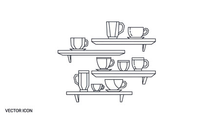 Naklejka premium Cups and Mugs on Shelves Minimalist Line Art Illustration.
