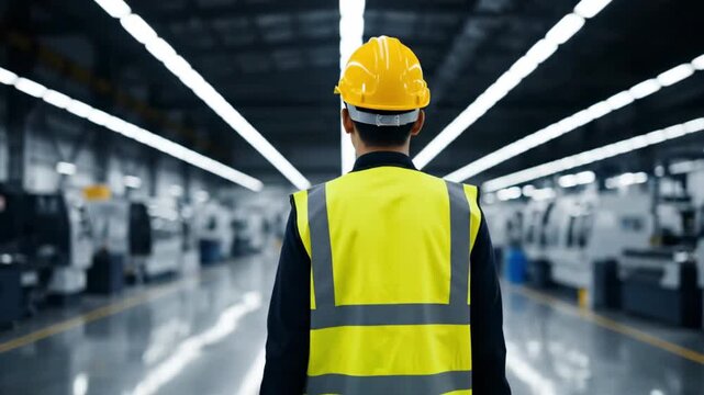 A worker wearing safety gear walks through a large factory interior, with rows of machinery