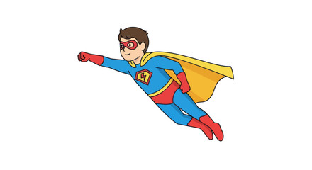 Fototapeta premium Cartoon Superhero Boy Flying with Red Mask and Cape.