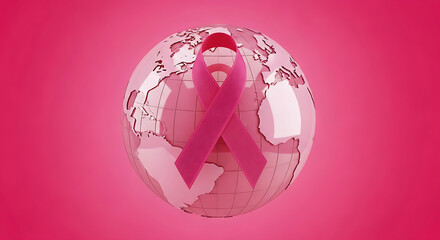 Pink ribbon rests on a world globe, symbolizing breast cancer awareness and global support.