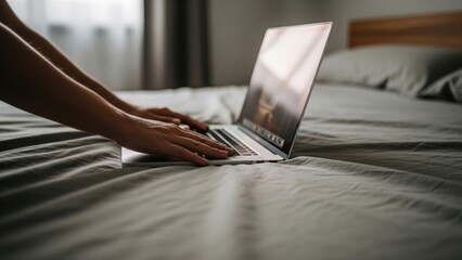 Fototapeta premium Hands on Laptop on Bed Soft Lighting Cozy Bedroom Remote Work Lifestyle Concept.
