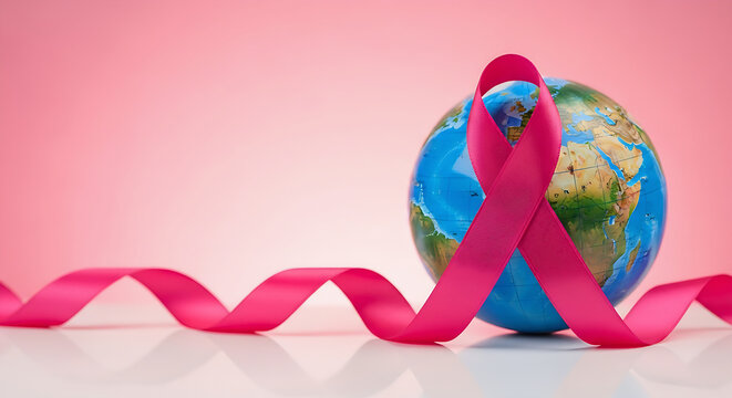 Pink ribbon loops around a globe against a pink background, symbolizing breast cancer awareness. - Powered by Adobe