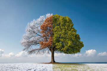 A single tree showing four seasons in one composition