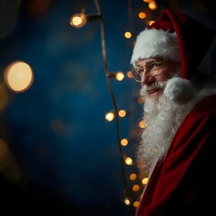 Cheerful Santa Claus with Glasses and Christmas Lights