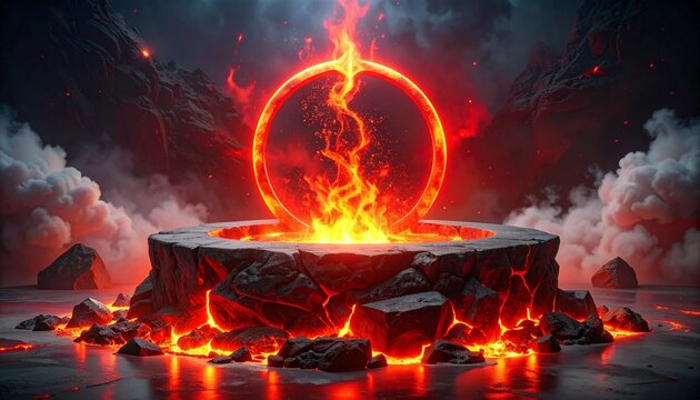 Fiery portal on volcanic altar