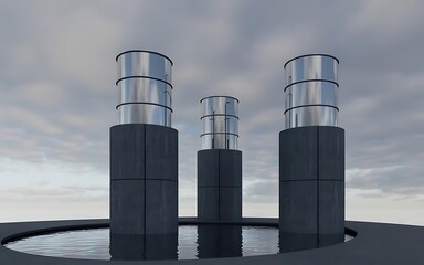Obraz premium Three futuristic towers stand against a cloudy sky