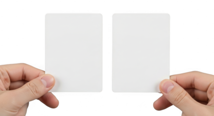 Two hands holding blank white cards isolated on transparent background for presentation or note