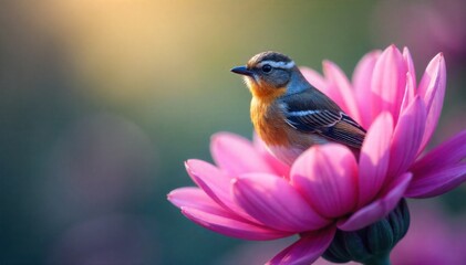 Tiny bird perched on delicate flower petals, soft natural light, bokeh background, showcasing fragility and beauty. Macro photograph of a tiny, jewel toned bird perched delicately on the vibrant