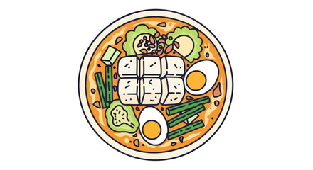 Delicious Asian Ramen Bowl with Tofu Eggs and Vegetables.