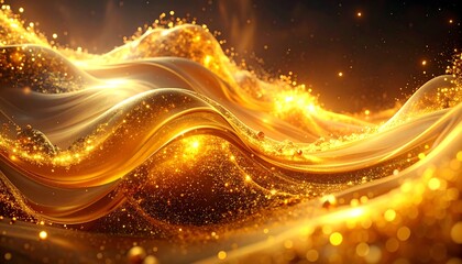 Flowing golden abstract artwork with sparkling particles and light effects