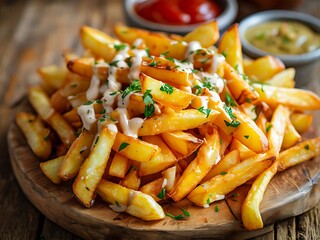 Golden brown crispy french fries with creamy sauce and parsley on wooden board potato fried 1