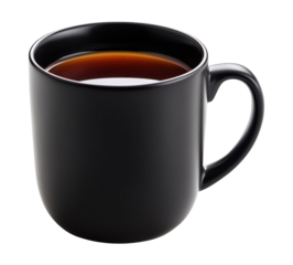 Classic black ceramic mug filled with black tea, isolated on transparent background