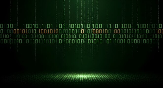 Dynamic flow of green binary code on a dark background, depicting digital data, programming, and the intricate world of cyber technology