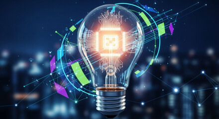 Light bulb with a glowing chip inside, symbolizing technological innovation