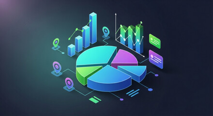 Isometric pie chart and bar graph showing data analysis on a dark background