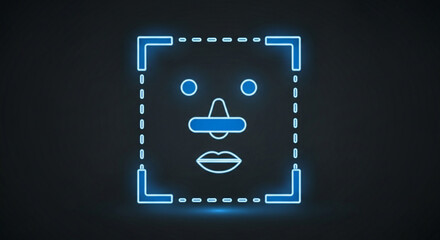 Futuristic face recognition technology with glowing blue lines and square frame