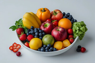 Vibrant, high-angle display of assorted fresh fruits and vegetables, including apples, blueberries, strawberries, and peppers, arranged in a white bowl.