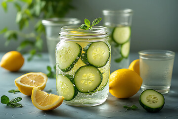 Refreshing glass jar of detox or infused water with sliced cucumber, lemon, and fresh mint leaves.