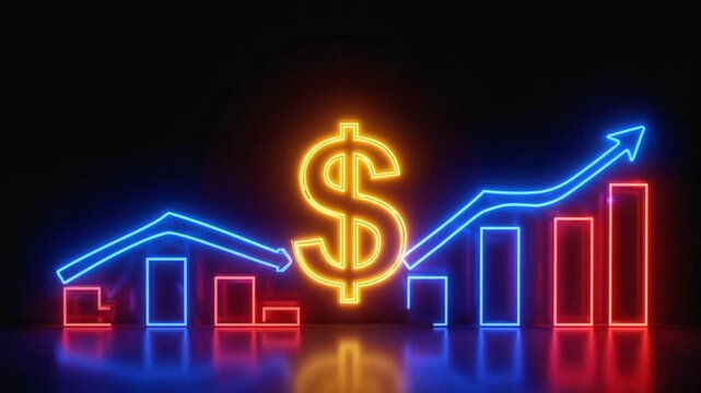 Neon dollar sign with glowing financial bar charts showing market growth and decline on a dark background