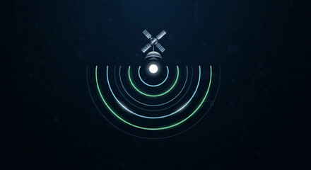 Illustration of satellite dish with signal waves on dark background