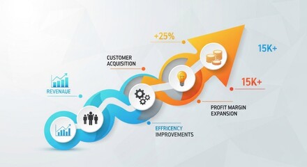 A colorful infographic with an arrow pointing upwards, featuring icons representing customer acquisition, revenue, efficiency improvements, profit margin expansion, and profit.