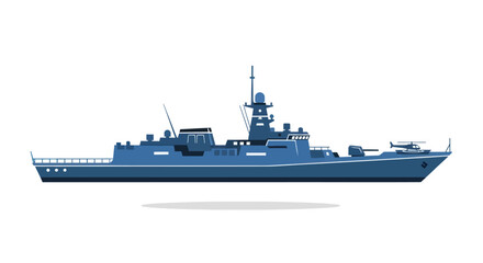 Obraz premium Blue Warship Illustration: Modern Naval Vessel with Antennas and Weapons Systems.