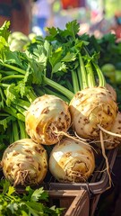 Fresh, healthy root vegetables with leafy green stems at market