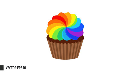 Vibrant Rainbow Swirl Frosting on Chocolate Cupcake.