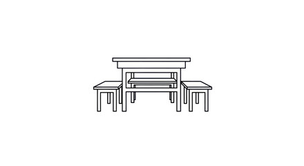 Simple Line Art Illustration of a Wooden Table with Two Benches.